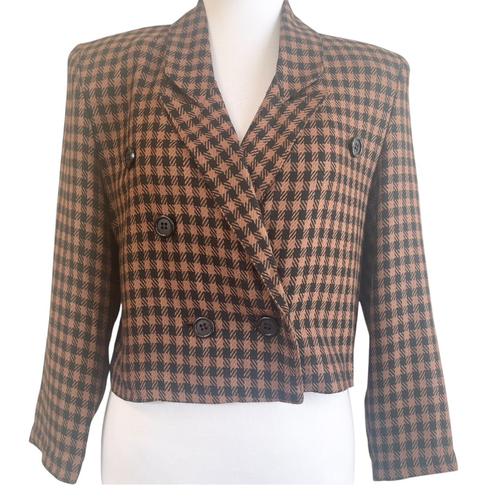 Vintage Brown Houndstooth Cropped Double Breasted Linen Blazer Size S